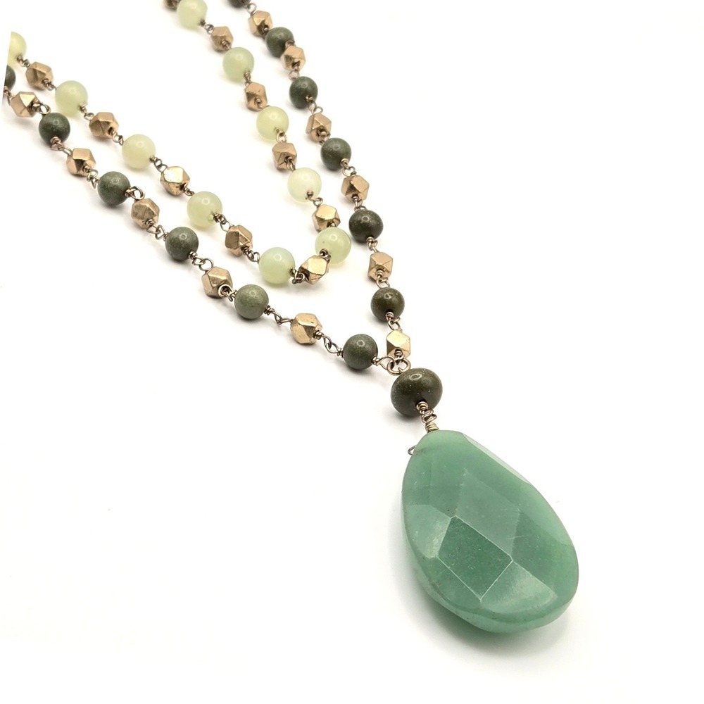 Green Aventurine Teardrop Pendant 2-Strand Beaded Necklace Gold Tone Accents